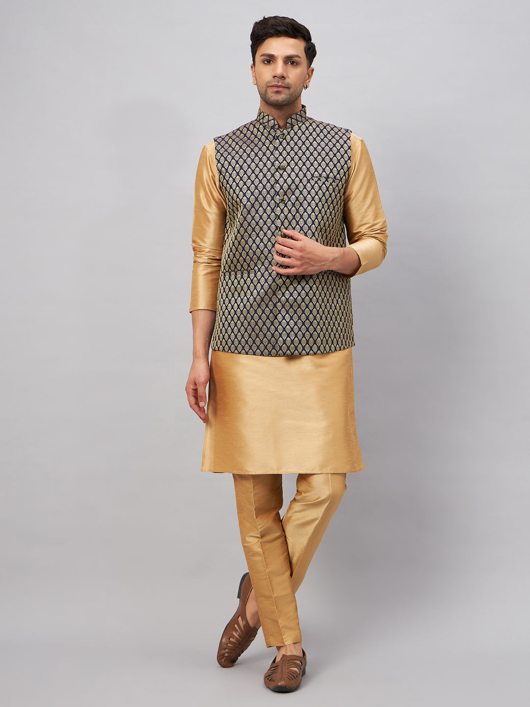 Men's Blue Ethnic Jacket With Rose Gold Silk Blend Kurta And Pant Style Pyjama Set