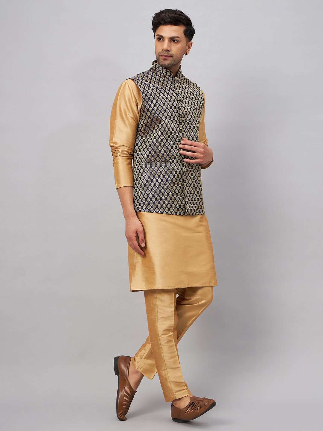 Men's Blue Ethnic Jacket With Rose Gold Silk Blend Kurta And Pant Style Pyjama Set