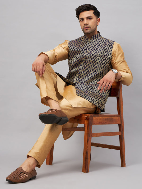 Men's Blue Ethnic Jacket With Rose Gold Silk Blend Kurta And Pant Style Pyjama Set