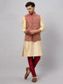 Men's Maroon Silk Blend Ethnic Jacket With Gold Kurta And Maroon Pant Style Pyjama Set