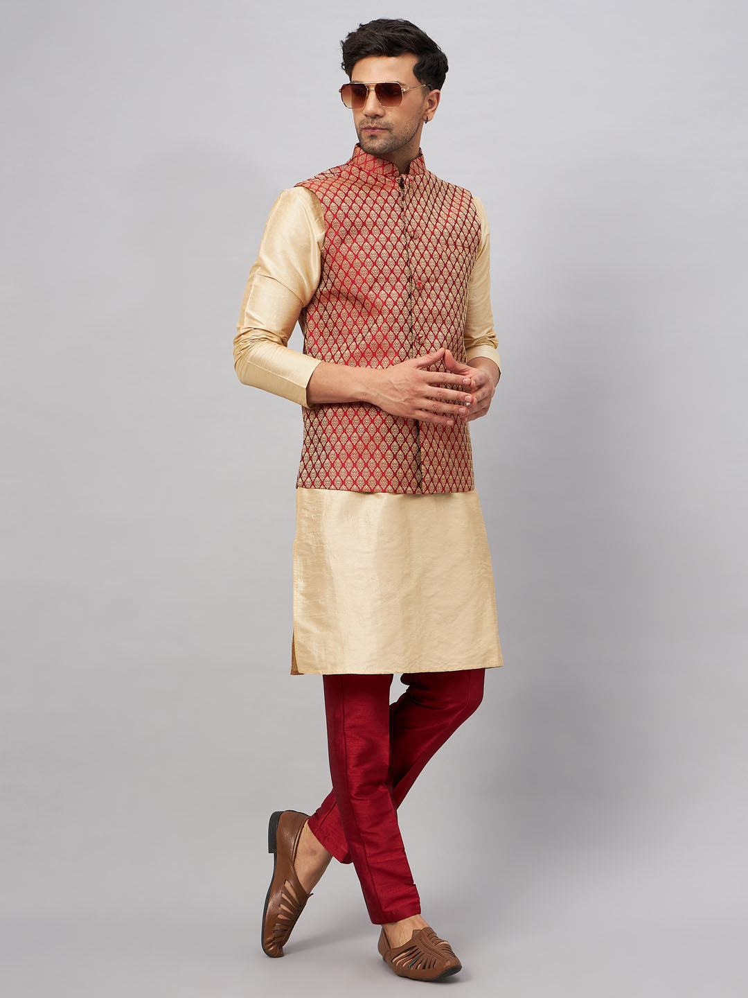 Men's Maroon Silk Blend Ethnic Jacket With Gold Kurta And Maroon Pant Style Pyjama Set