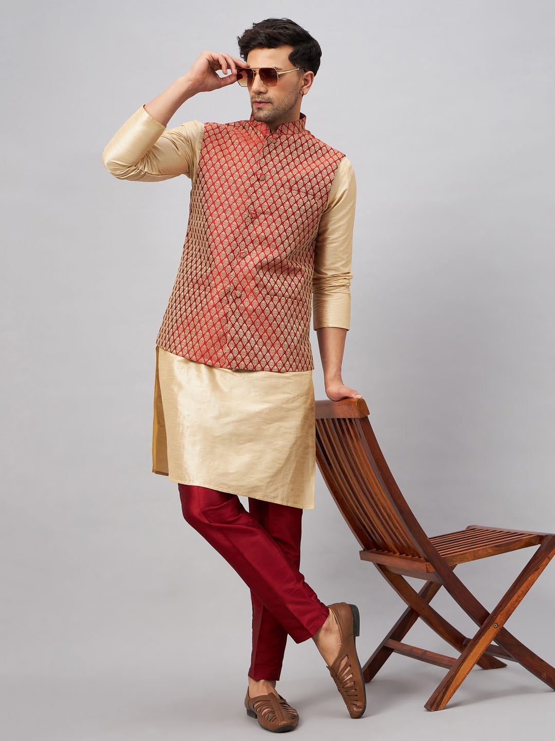 Men's Maroon Silk Blend Ethnic Jacket With Gold Kurta And Maroon Pant Style Pyjama Set