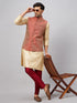 Men's Maroon Silk Blend Ethnic Jacket With Gold Kurta And Maroon Pant Style Pyjama Set