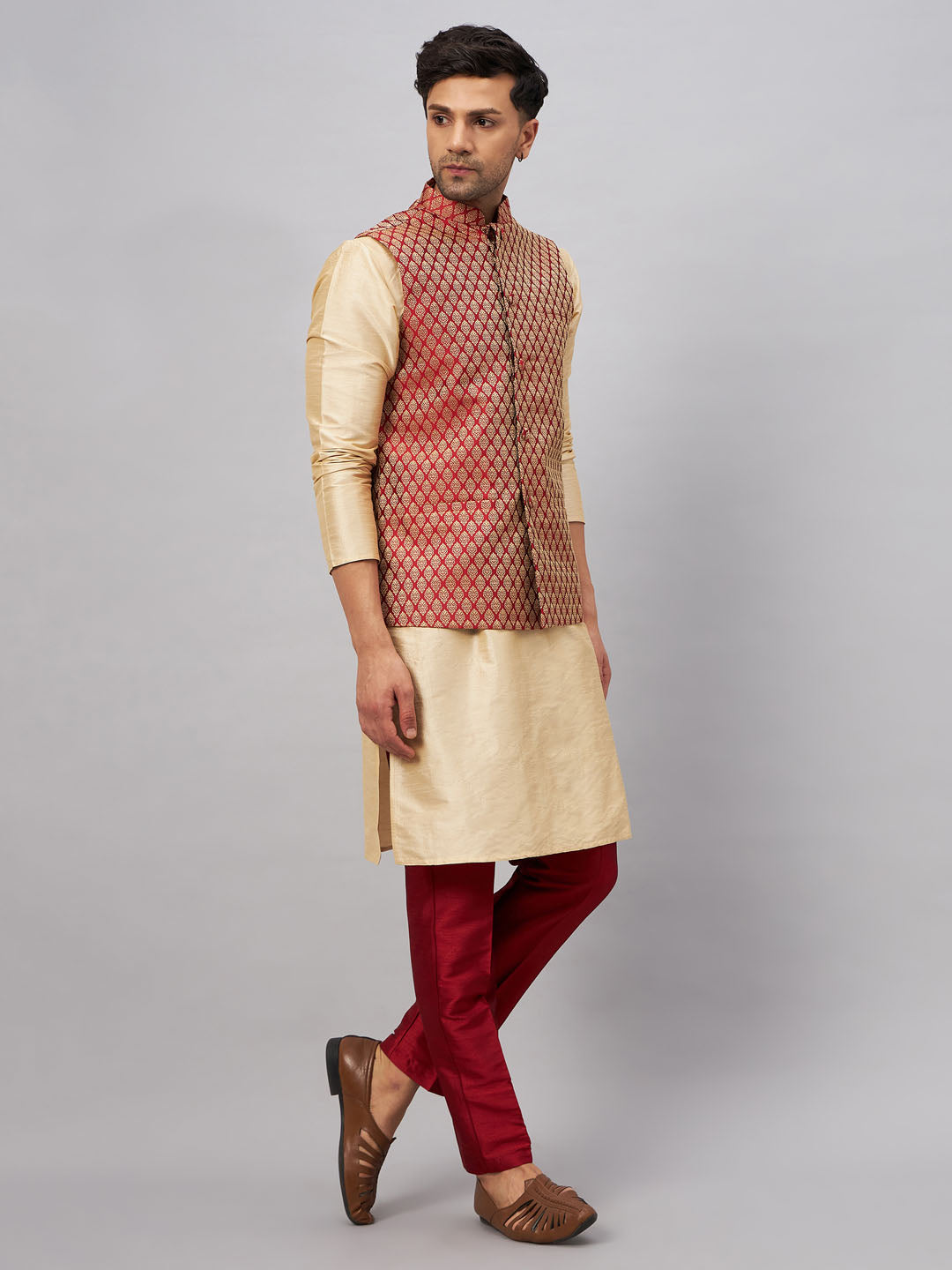 Men's Maroon Silk Blend Ethnic Jacket With Gold Kurta And Maroon Pant Style Pyjama Set