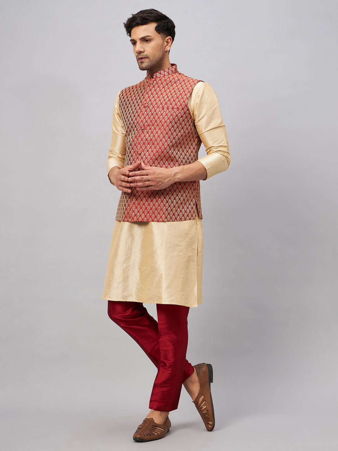 Men's Maroon Silk Blend Ethnic Jacket With Gold Kurta And Maroon Pant Style Pyjama Set