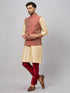 Men's Maroon Silk Blend Ethnic Jacket With Gold Kurta And Maroon Pant Style Pyjama Set