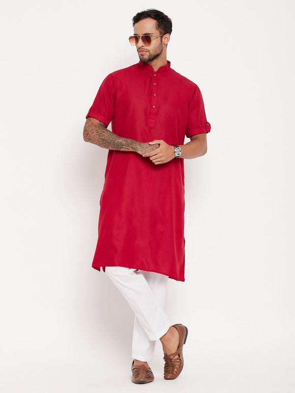 Men's Maroon Solid Kurta With White Pant Style Cotton Pyjama Set