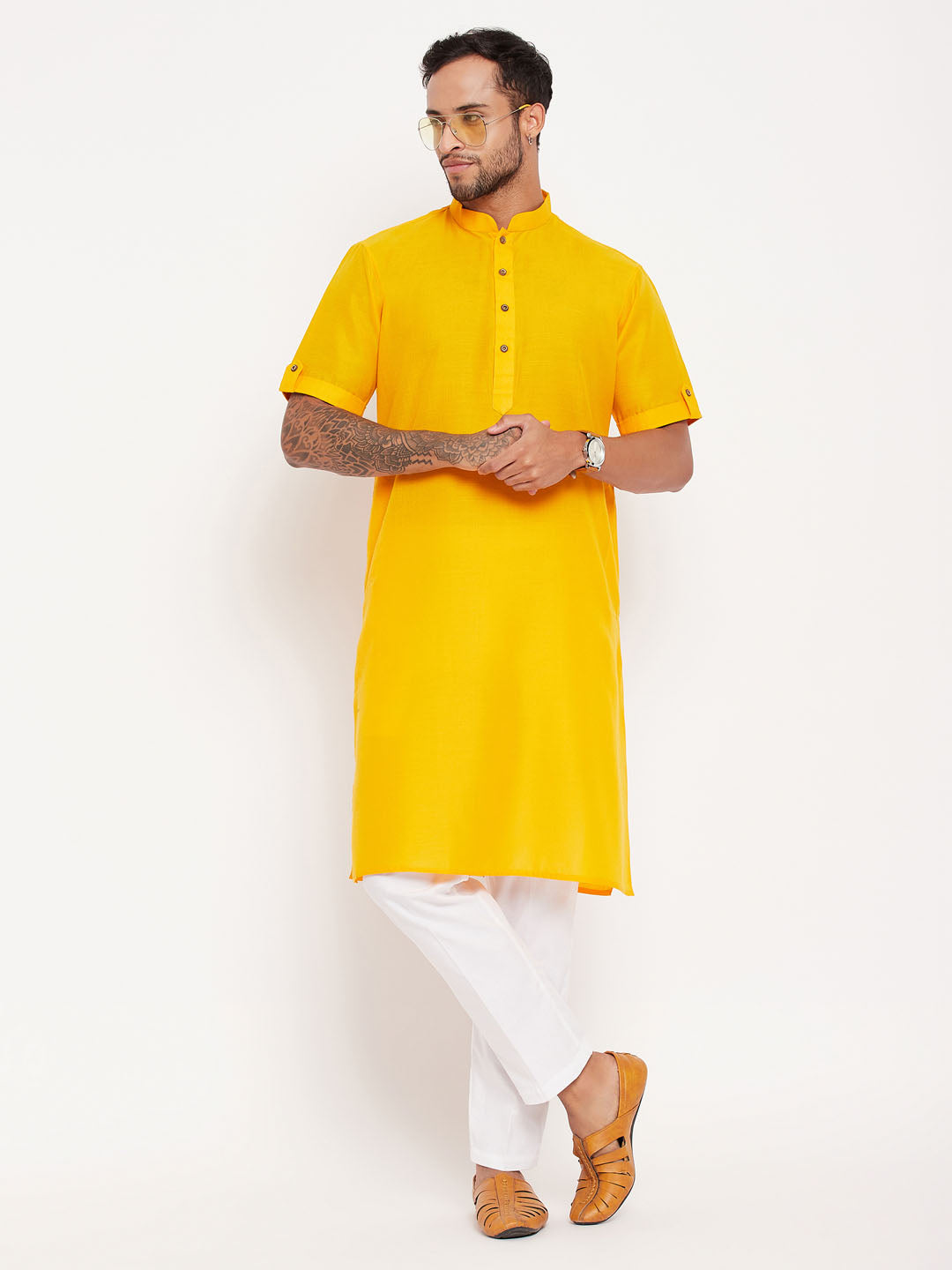 Men's Mustard Solid Kurta With White Pant Style Cotton Pyjama Set