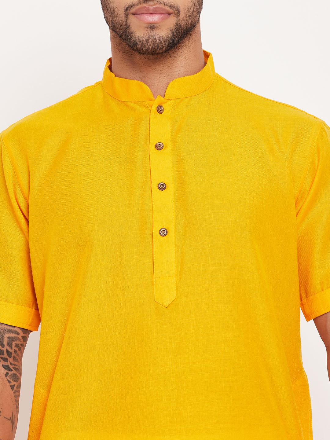 Men's Mustard Solid Kurta With White Pant Style Cotton Pyjama Set
