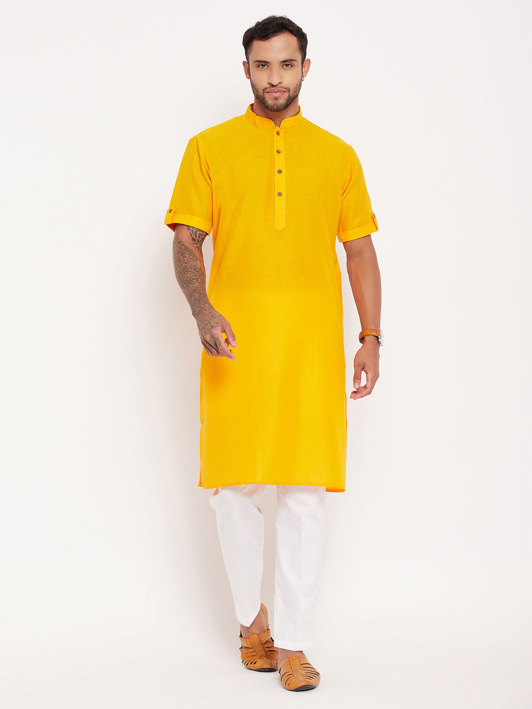 Men's Mustard Solid Kurta With White Pant Style Cotton Pyjama Set