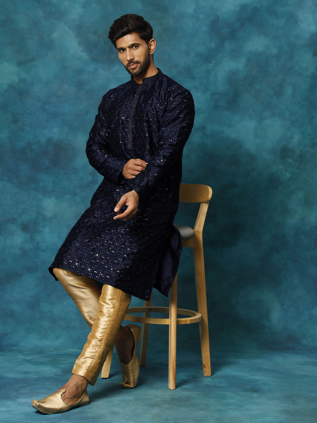 Men's Blue Silk Blend Kurta Pyjama Set