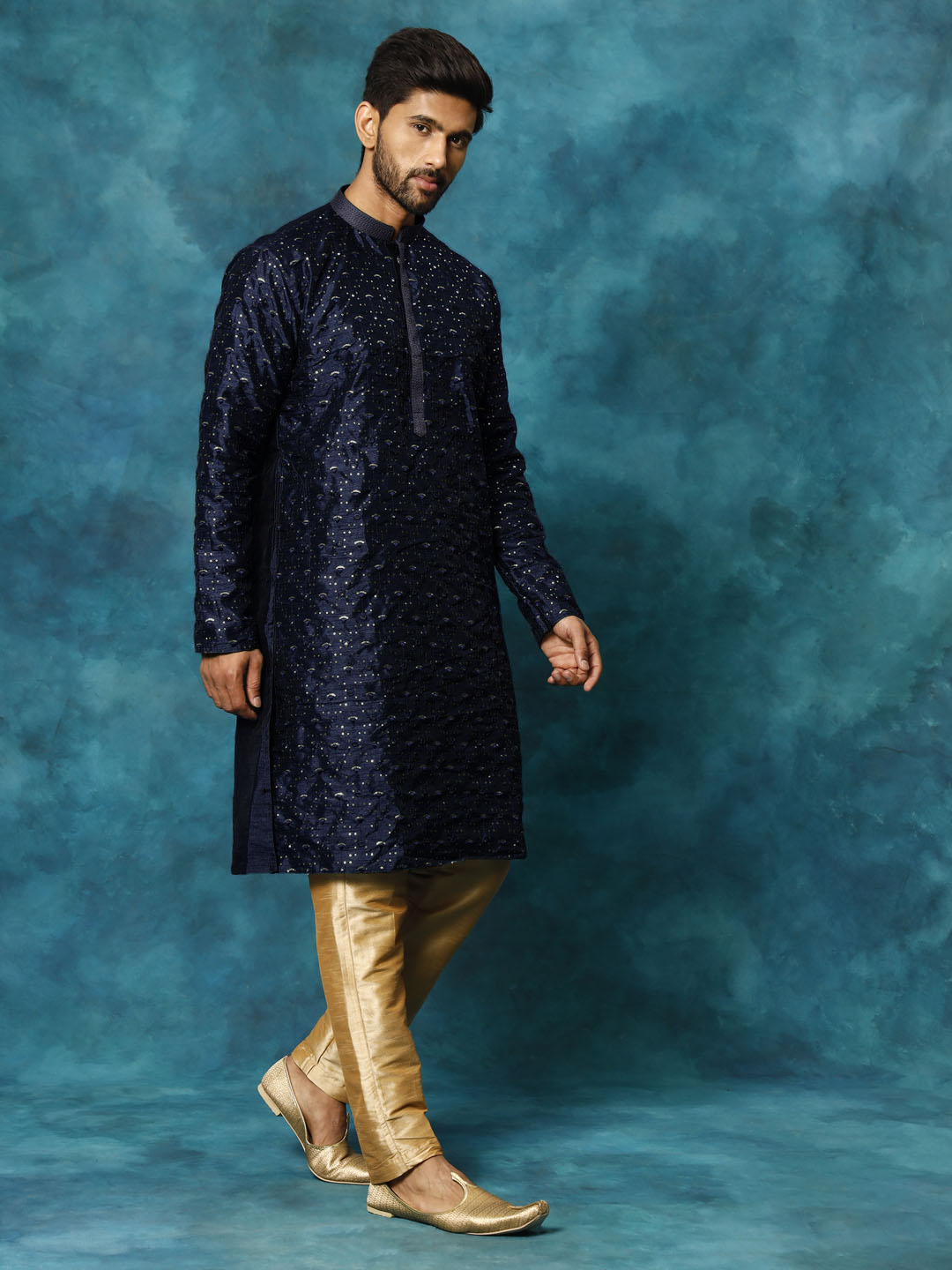 Men's Blue Silk Blend Kurta Pyjama Set