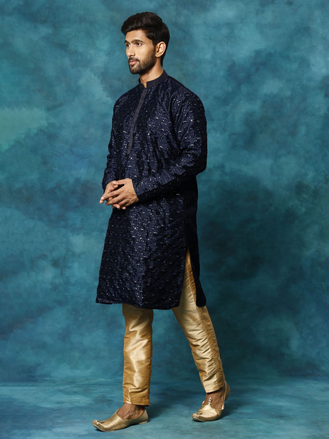 Men's Blue Silk Blend Kurta Pyjama Set