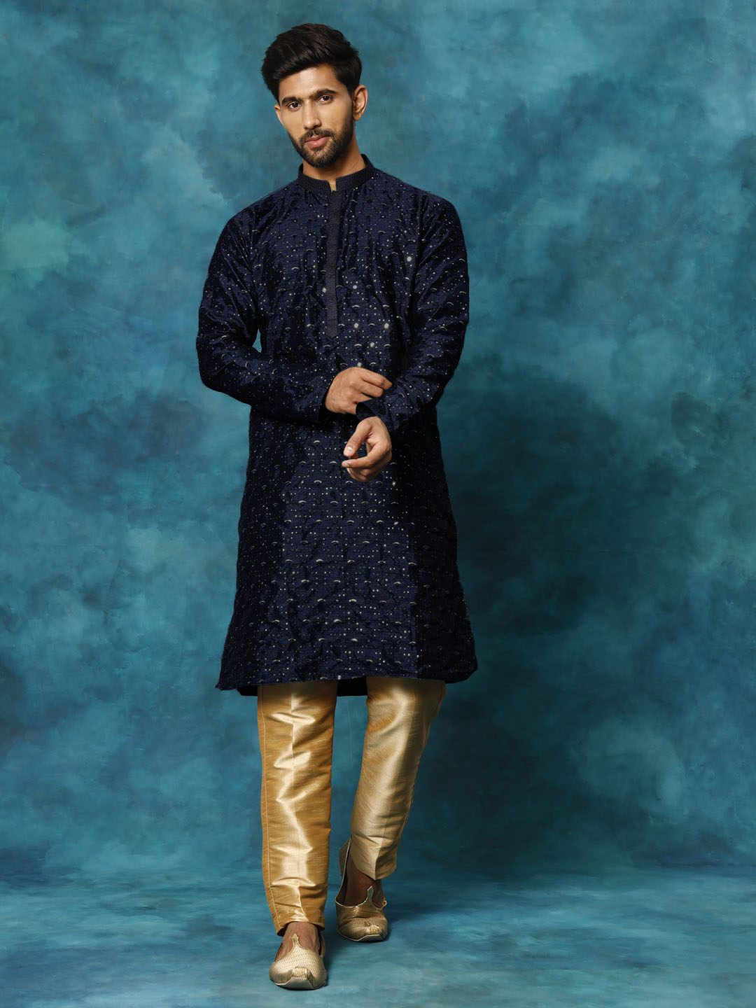 Men's Blue Silk Blend Kurta Pyjama Set