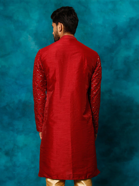 Men's Maroon Silk Blend Embellished Kurta