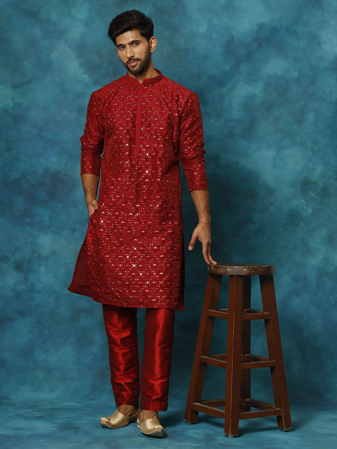 Men's Maroon Silk Blend Kurta Pyjama Set