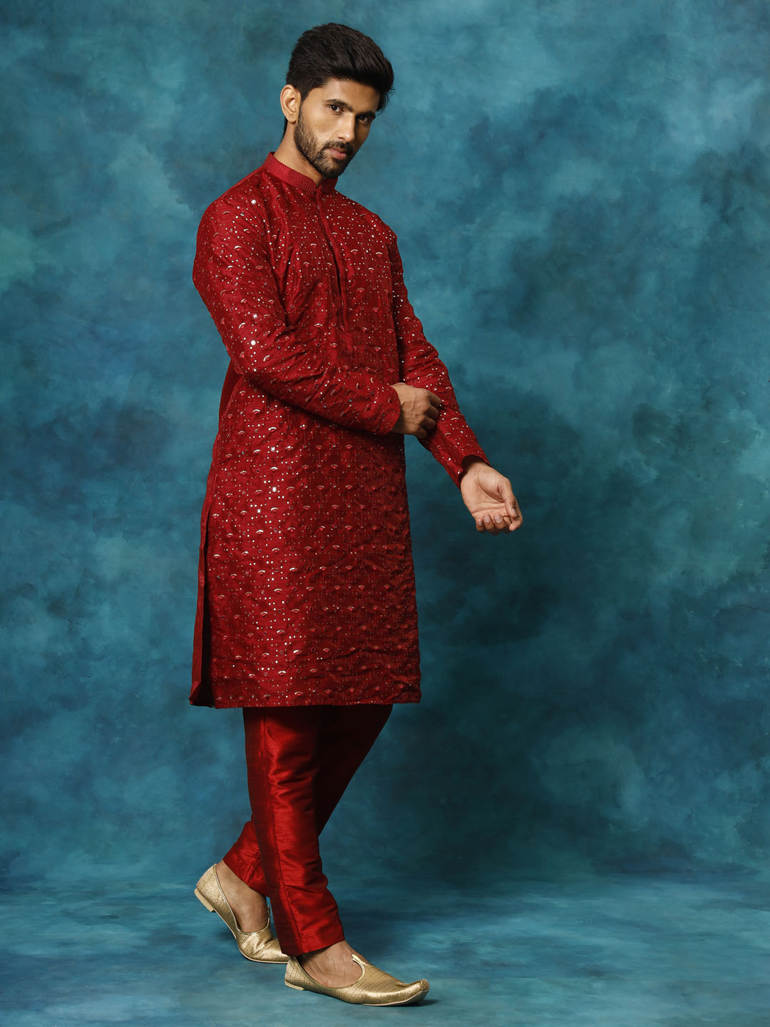 Men's Maroon Silk Blend Kurta Pyjama Set