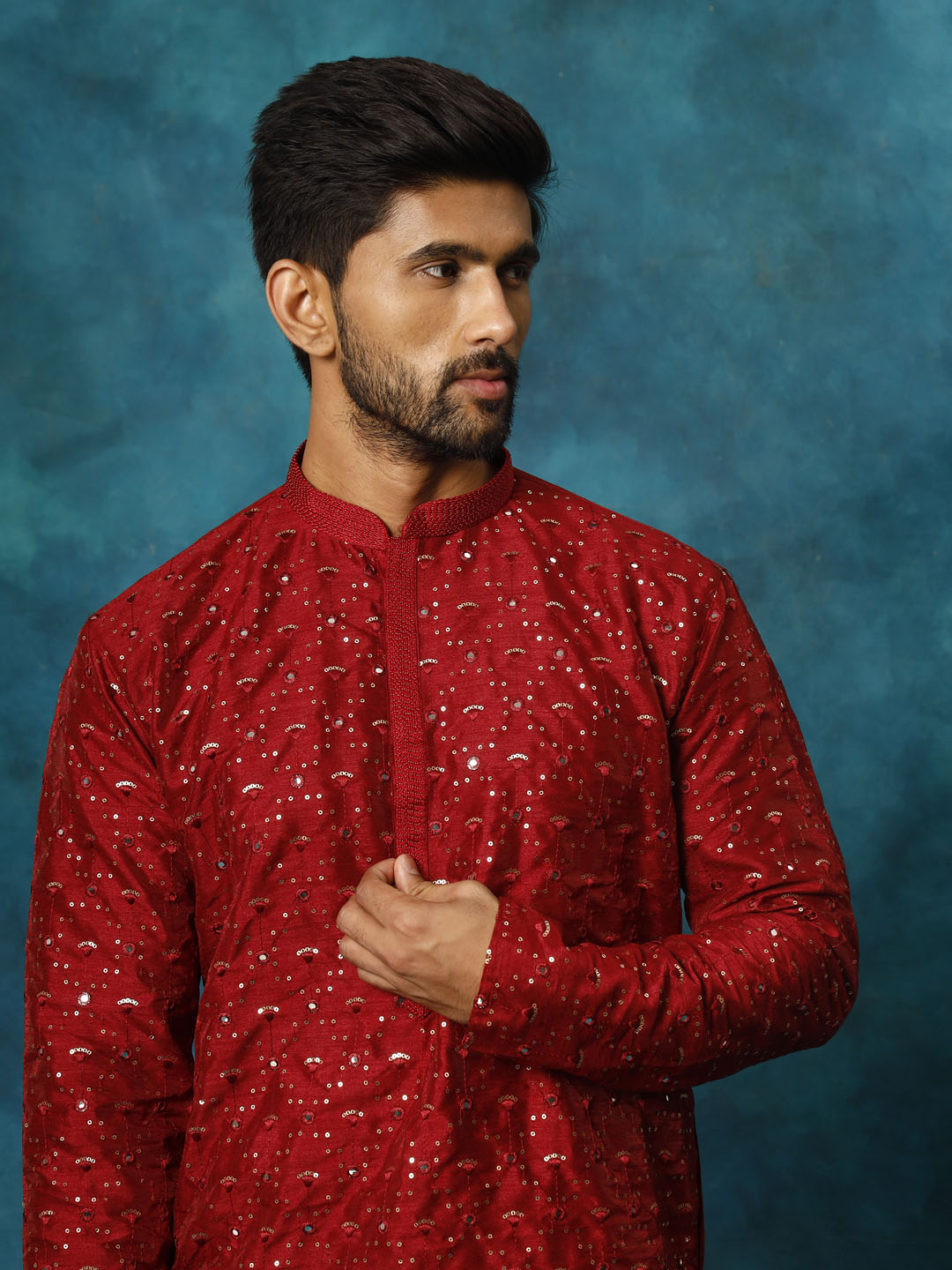 Men's Maroon Silk Blend Kurta Pyjama Set