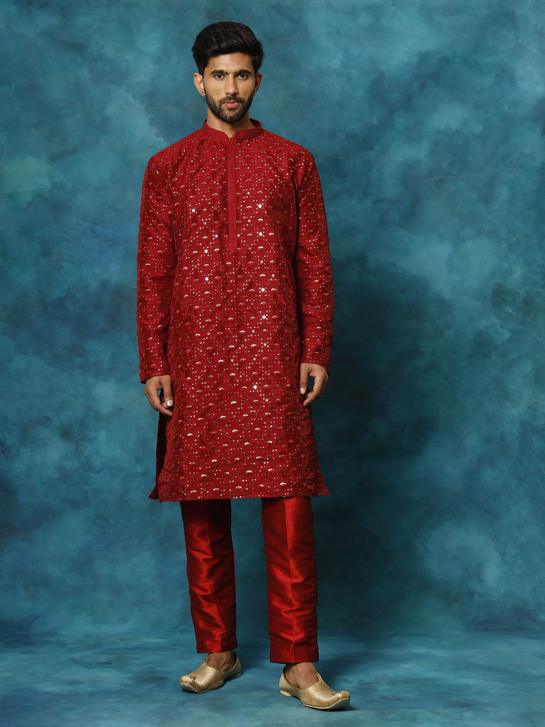 Men's Maroon Silk Blend Kurta Pyjama Set