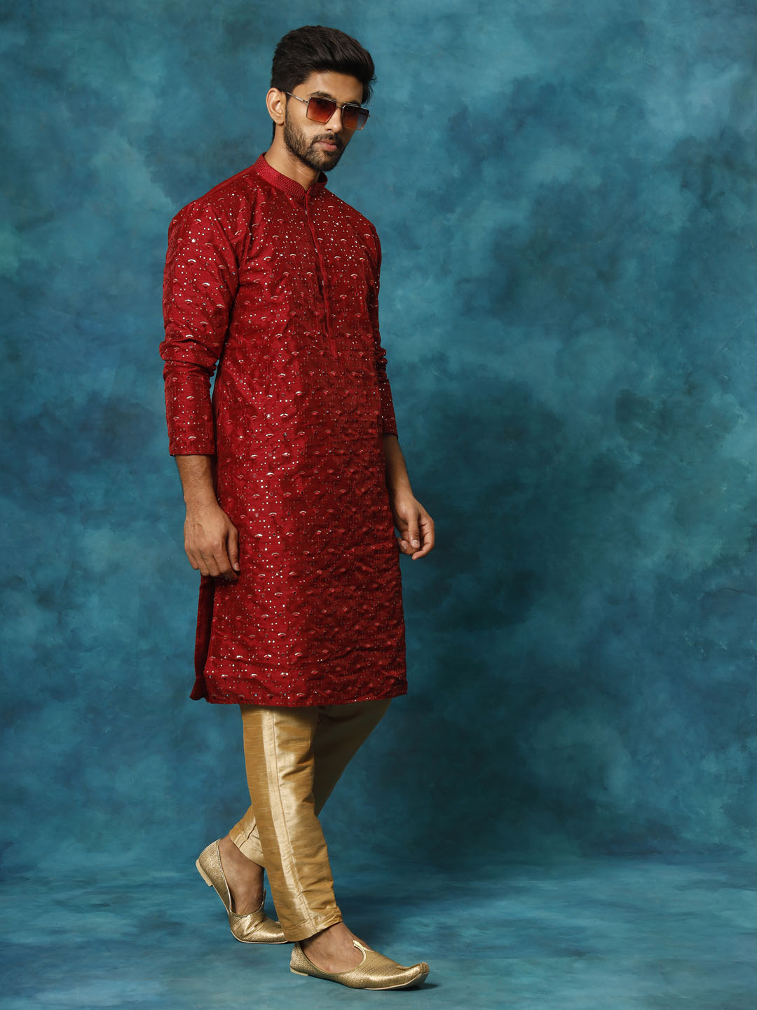 Men's Maroon Silk Blend Kurta Pyjama Set