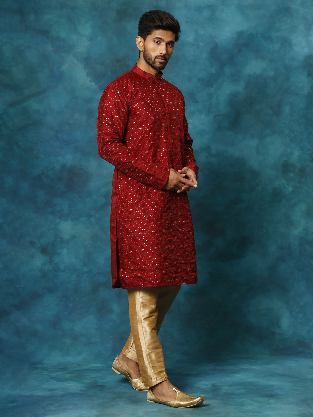 Men's Maroon Silk Blend Kurta Pyjama Set