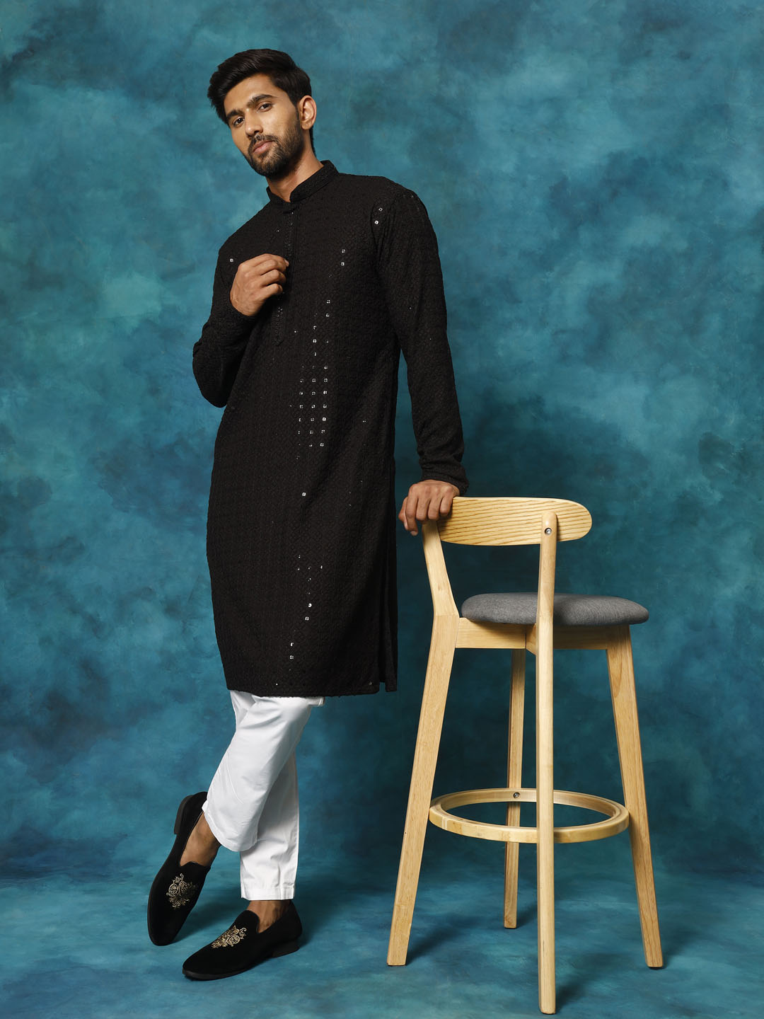 Men's Black Rayon Schiffli Kurta And Pant Set