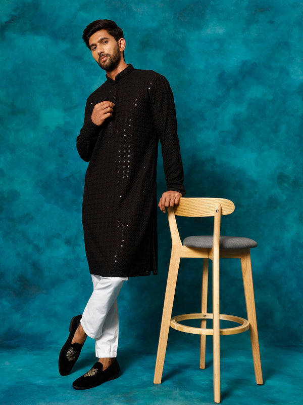 Men's Black Rayon Schiffli Kurta And Pant Set