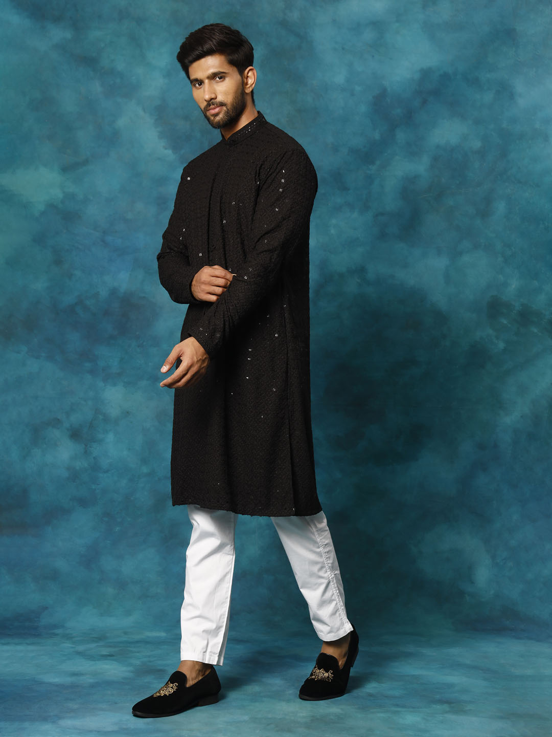 Men's Black Rayon Schiffli Kurta And Pant Set