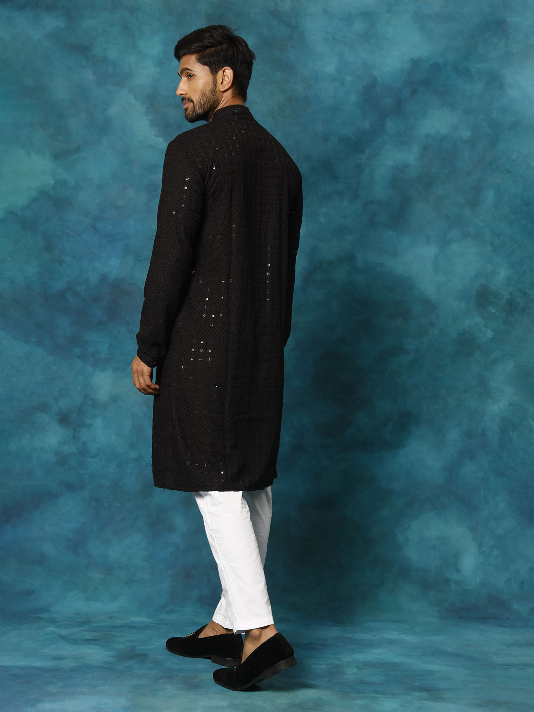 Men's Black Rayon Schiffli Kurta And Pant Set