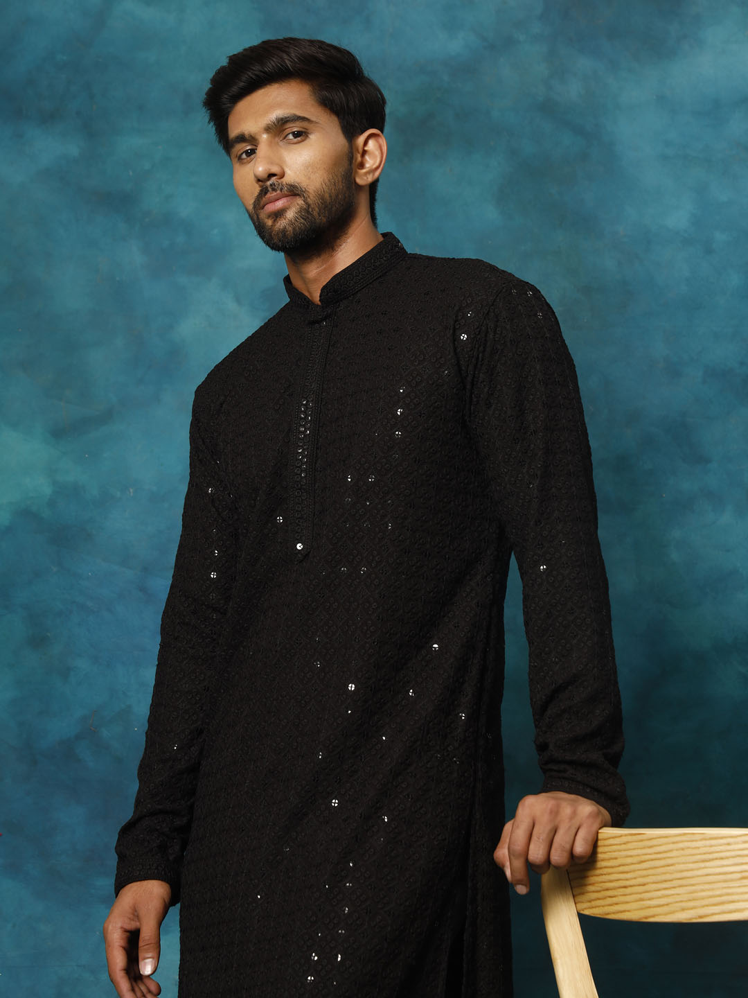 Men's Black Rayon Schiffli Kurta And Pant Set
