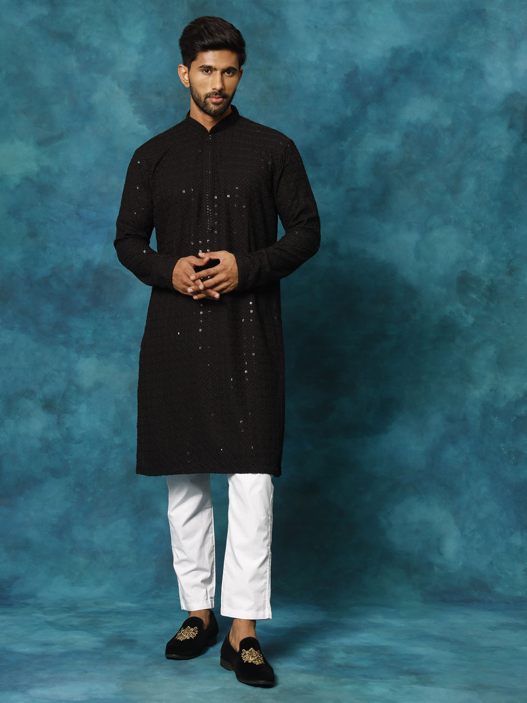 Men's Black Rayon Schiffli Kurta And Pant Set