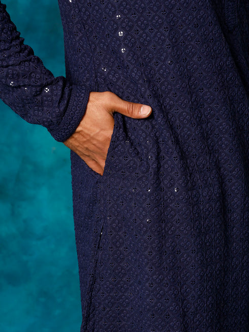 Men's Navy Blue Rayon Schiffli Kurta And Pant Set