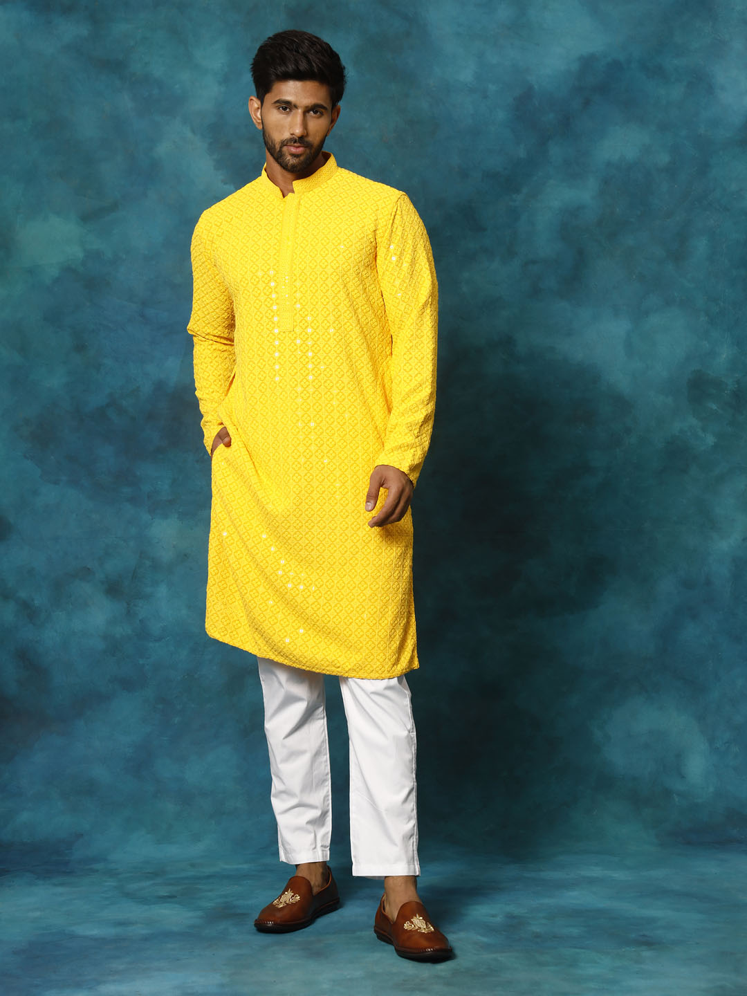 Men's Yellow Rayon Schiffli Kurta And Pant Set