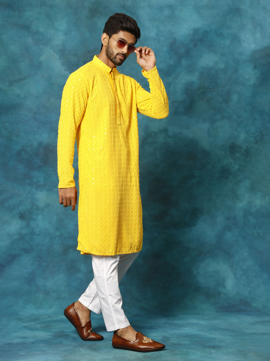 Men's Yellow Rayon Schiffli Kurta And Pant Set