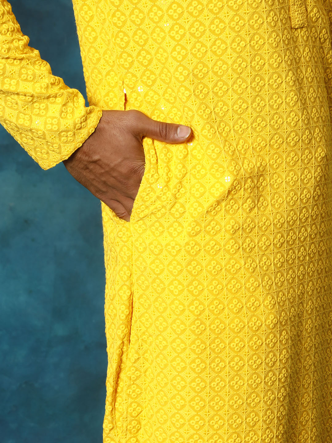 Men's Yellow Rayon Schiffli Kurta And Pant Set