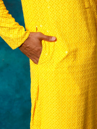 VM By VASTRAMAY Men's Yellow Rayon Schiffli Kurta And Pant Set