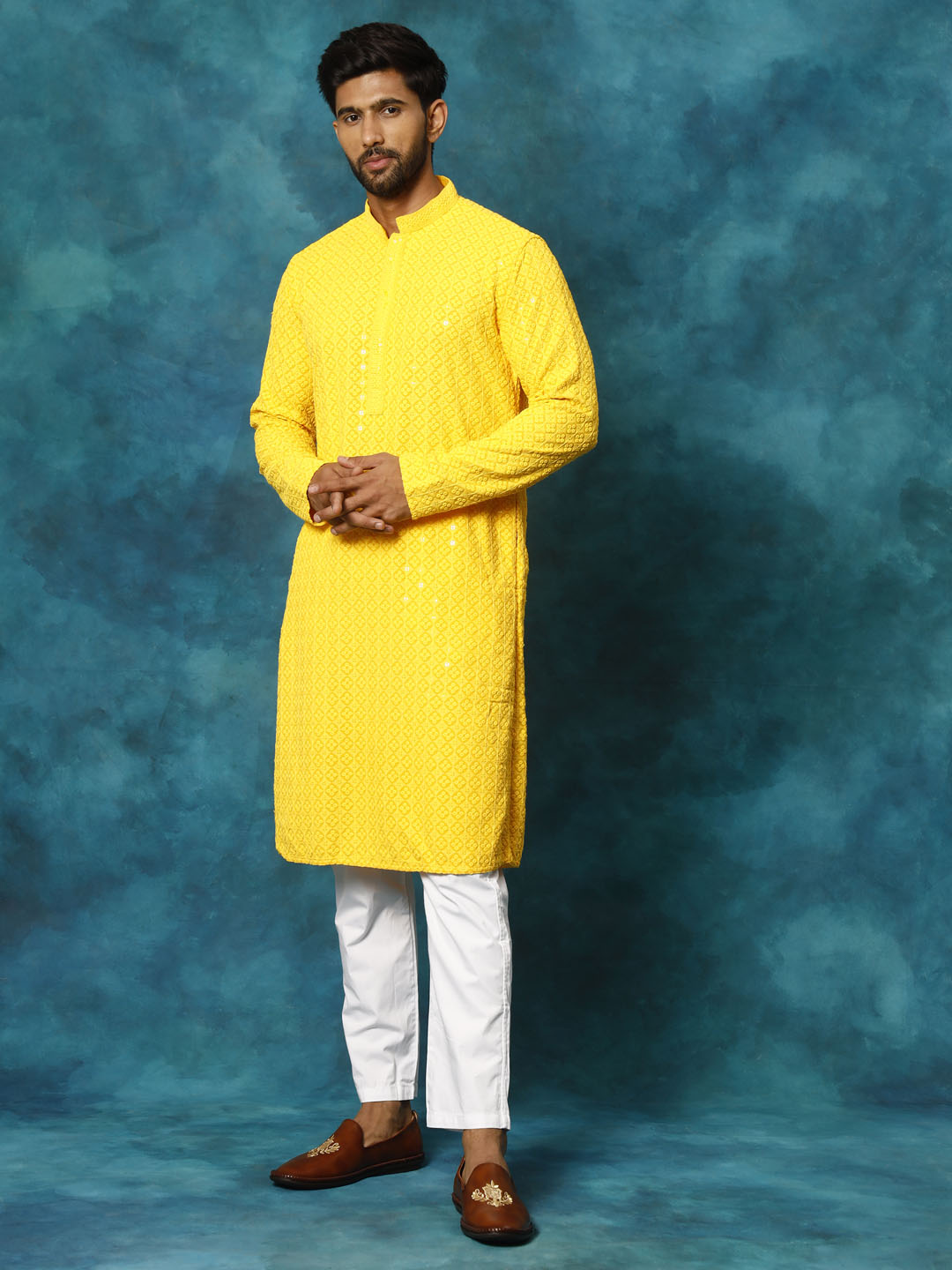 Men's Yellow Rayon Schiffli Kurta And Pant Set
