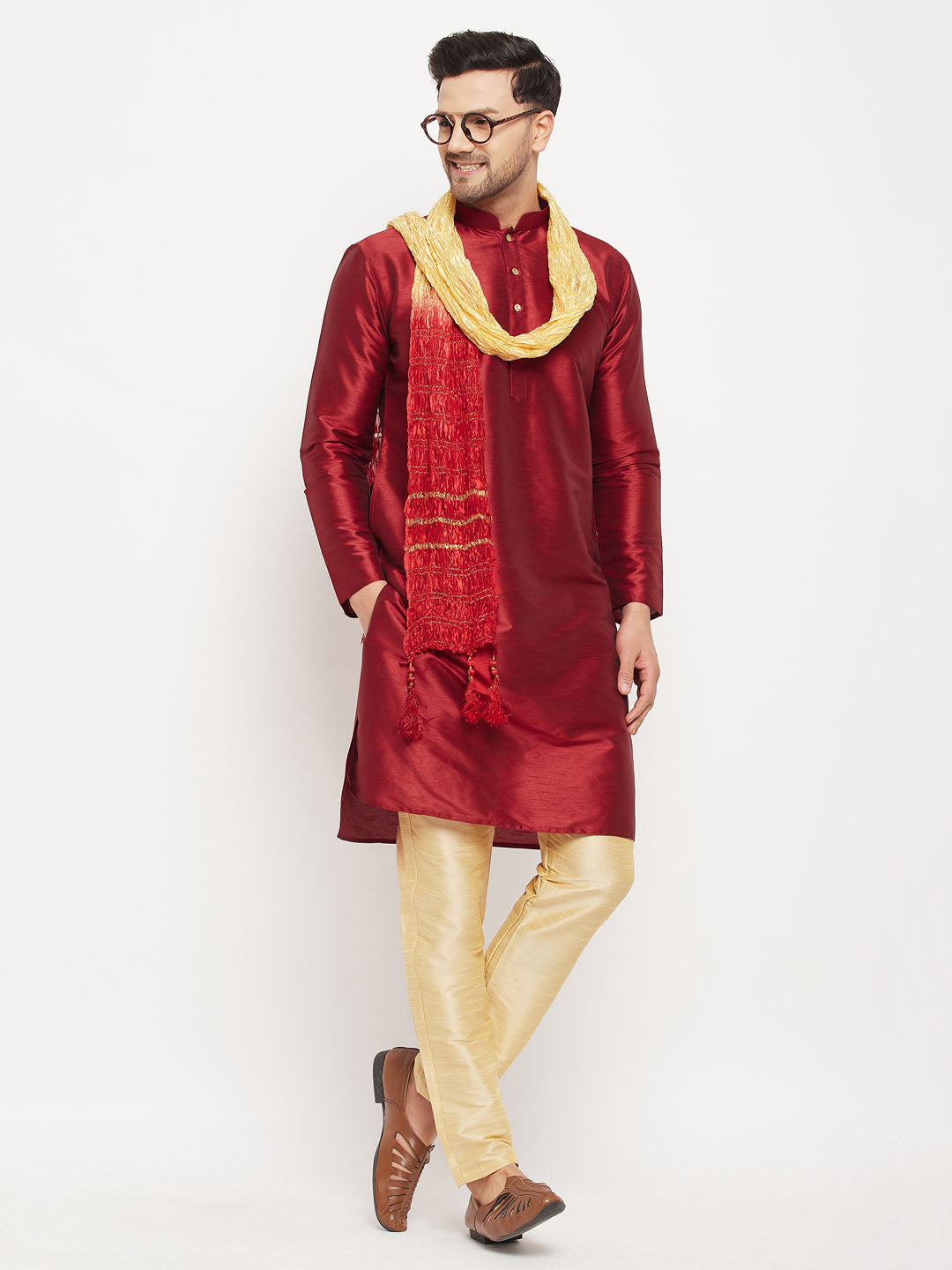 Men's Maroon Silk Blend Kurta And Gold Pant Style Pyjama Set With Dupatta