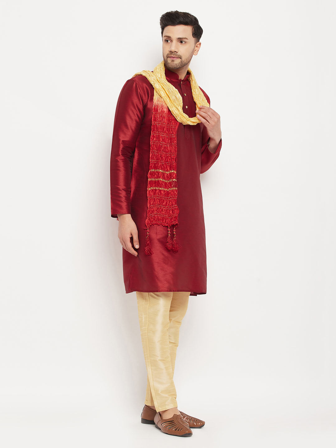 Men's Maroon Silk Blend Kurta And Gold Pant Style Pyjama Set With Dupatta