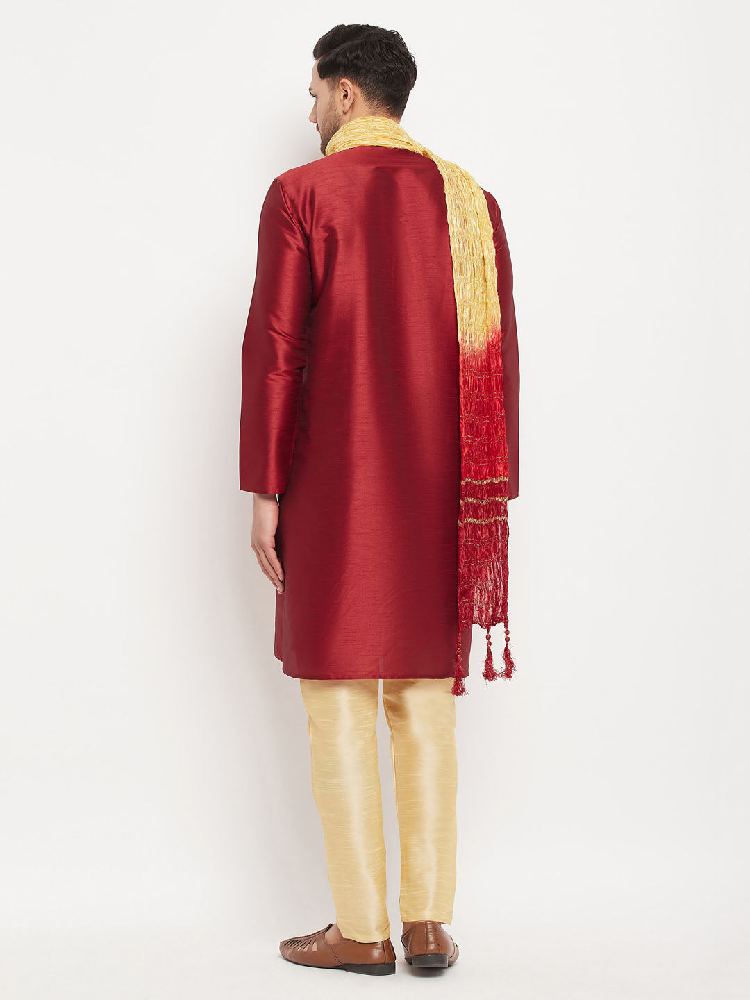 Men's Maroon Silk Blend Kurta And Gold Pant Style Pyjama Set With Dupatta
