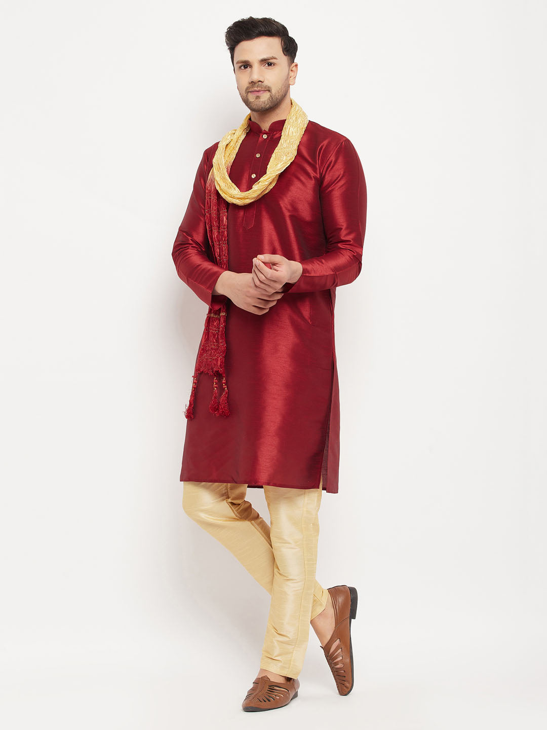Men's Maroon Silk Blend Kurta And Gold Pant Style Pyjama Set With Dupatta