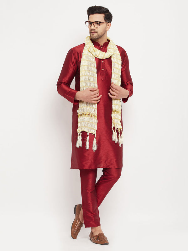 Men's Maroon Silk Blend Kurta And Maroon Pant Style Pyjama Set With Dupatta