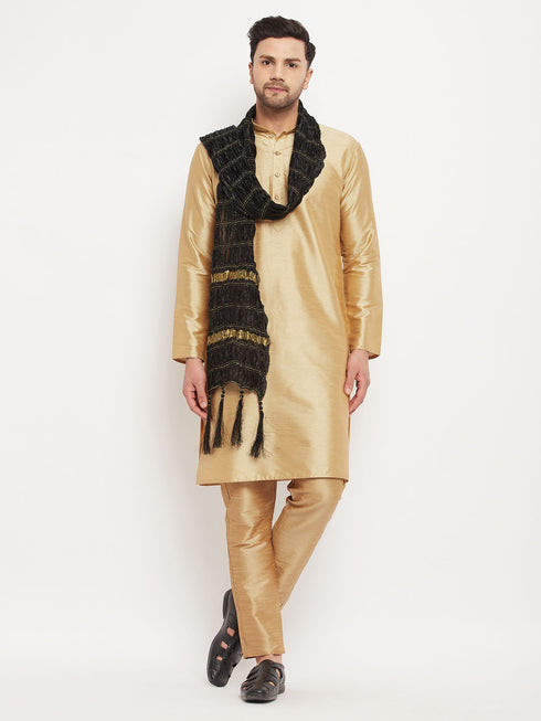Men's Rose Gold And Black Silk Blend Kurta, Pyjama & Dupatta Set