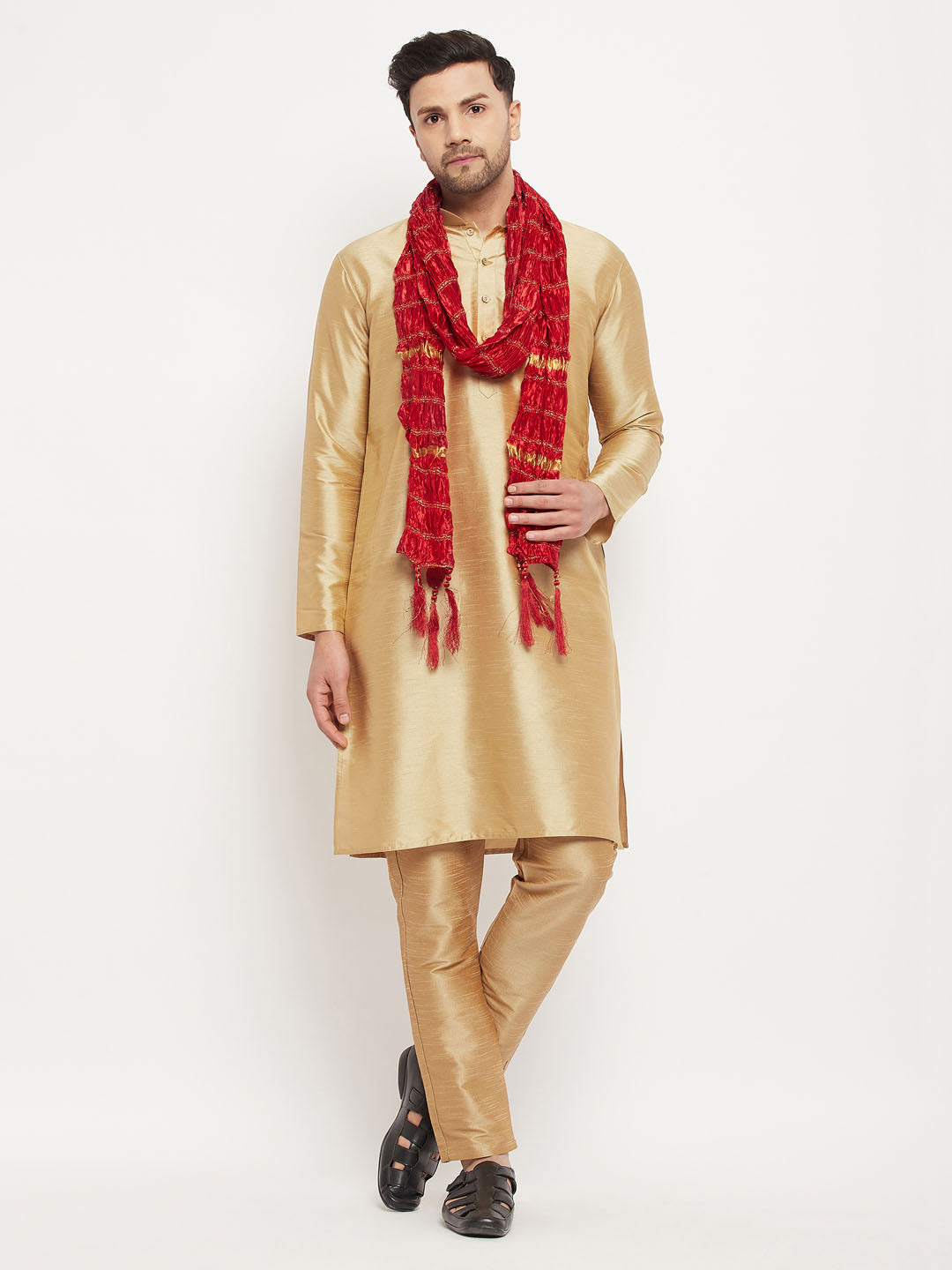 Men's Rose Gold And Maroon Silk Blend Kurta, Pyjama & Dupatta Set