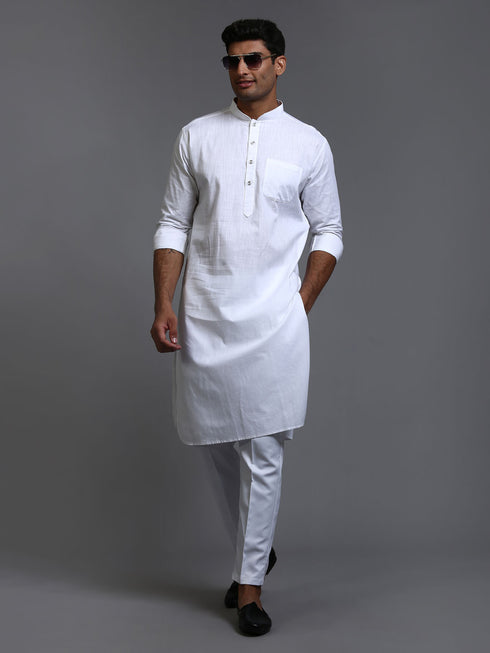 Men's White Cotton Blend Pathani Kurta With Pant Set