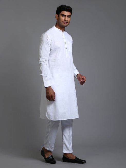 Men's White Cotton Blend Pathani Kurta With Pant Set