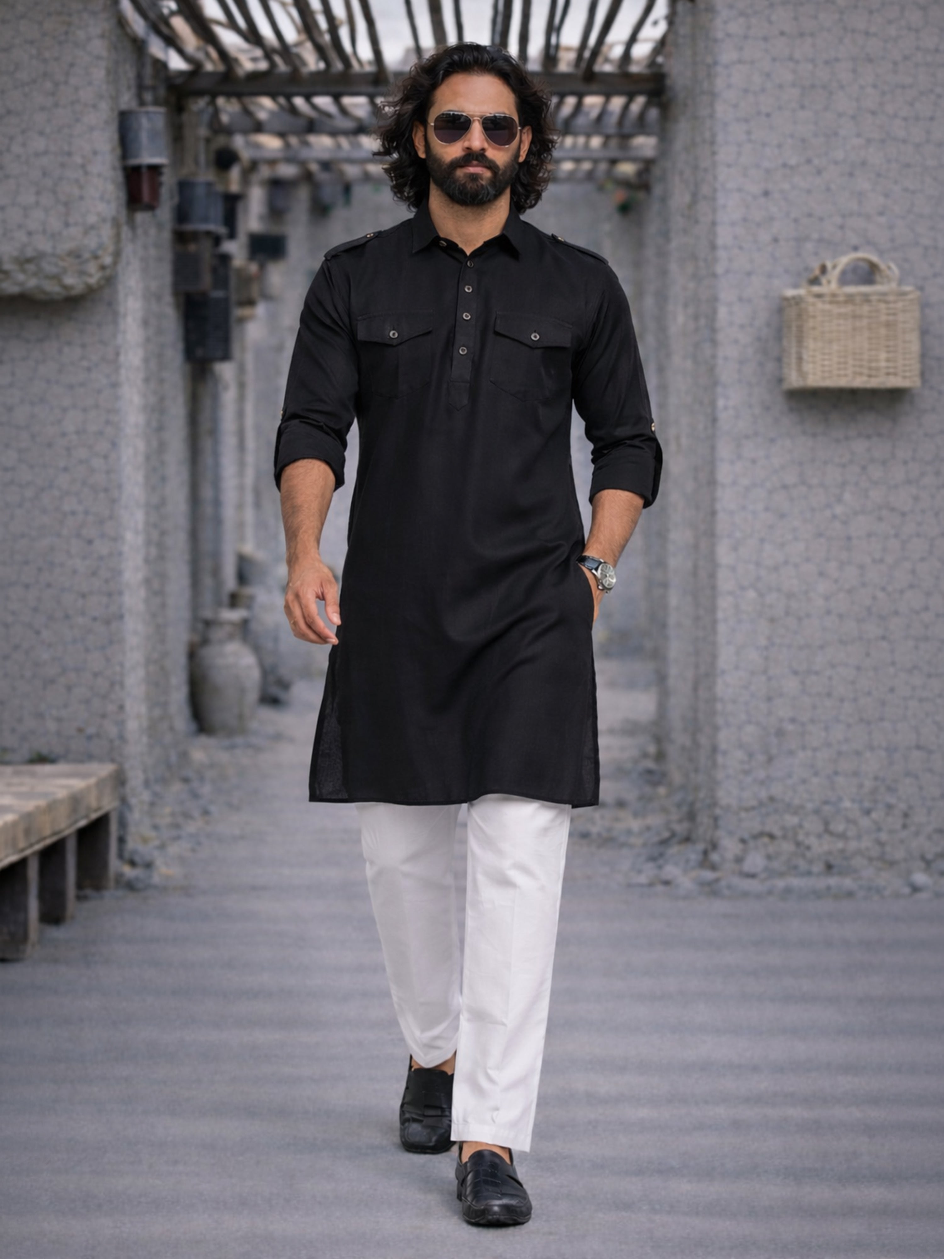 Men's Black And White Cotton Blend Pathani Suit Set