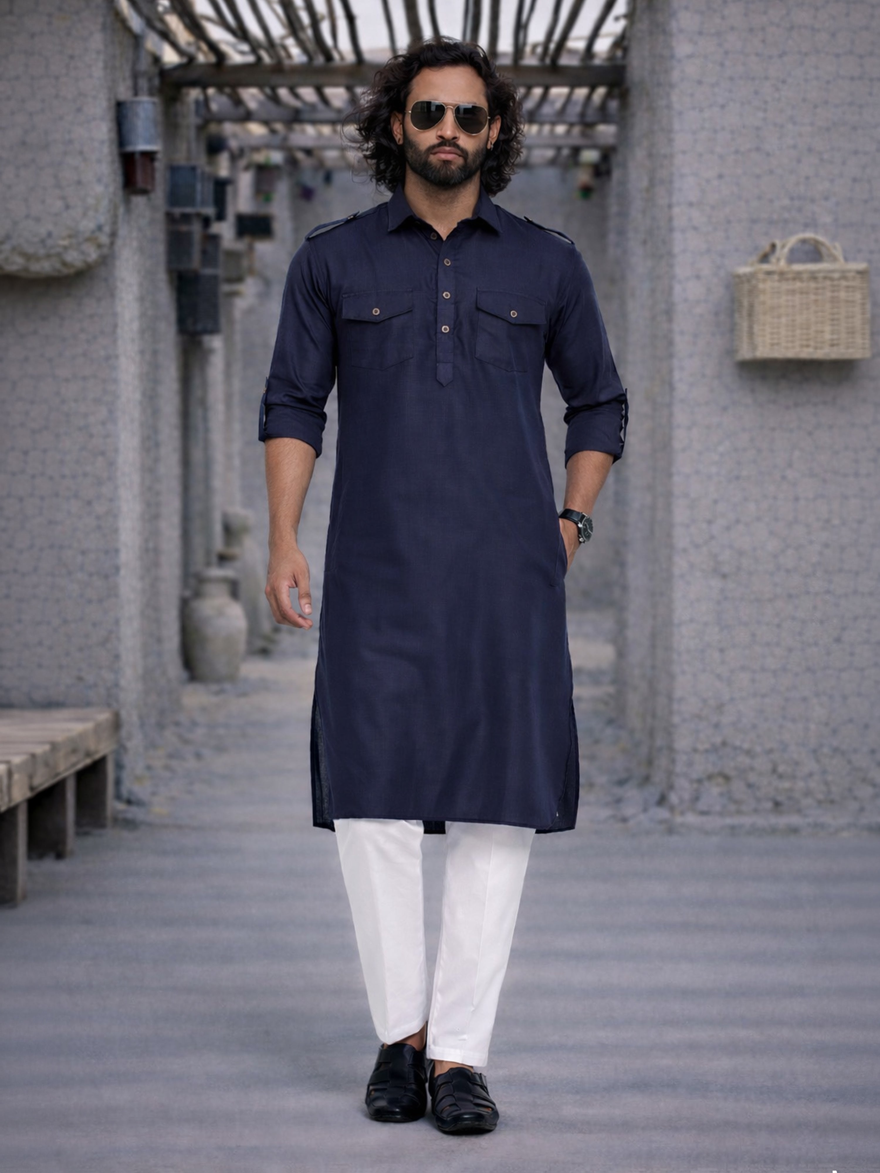 Men's Blue Pathani Suit With White Pant Set