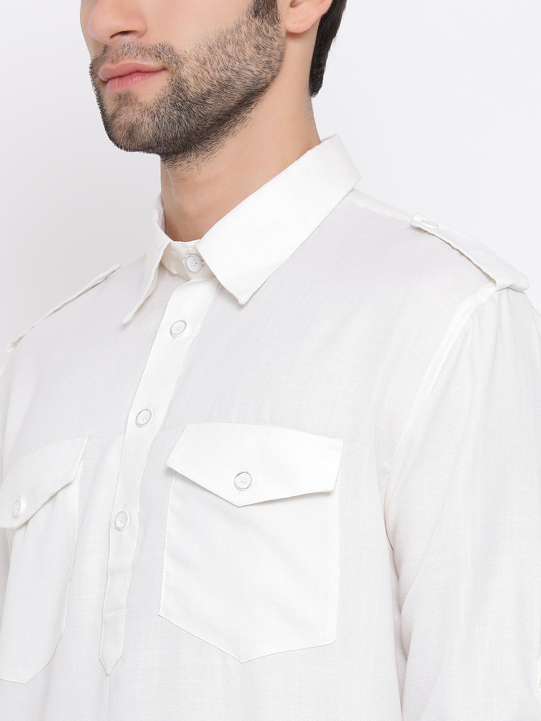 VASTRAMAY Men's Cream And White Cotton Blend Pathani Kurta Set