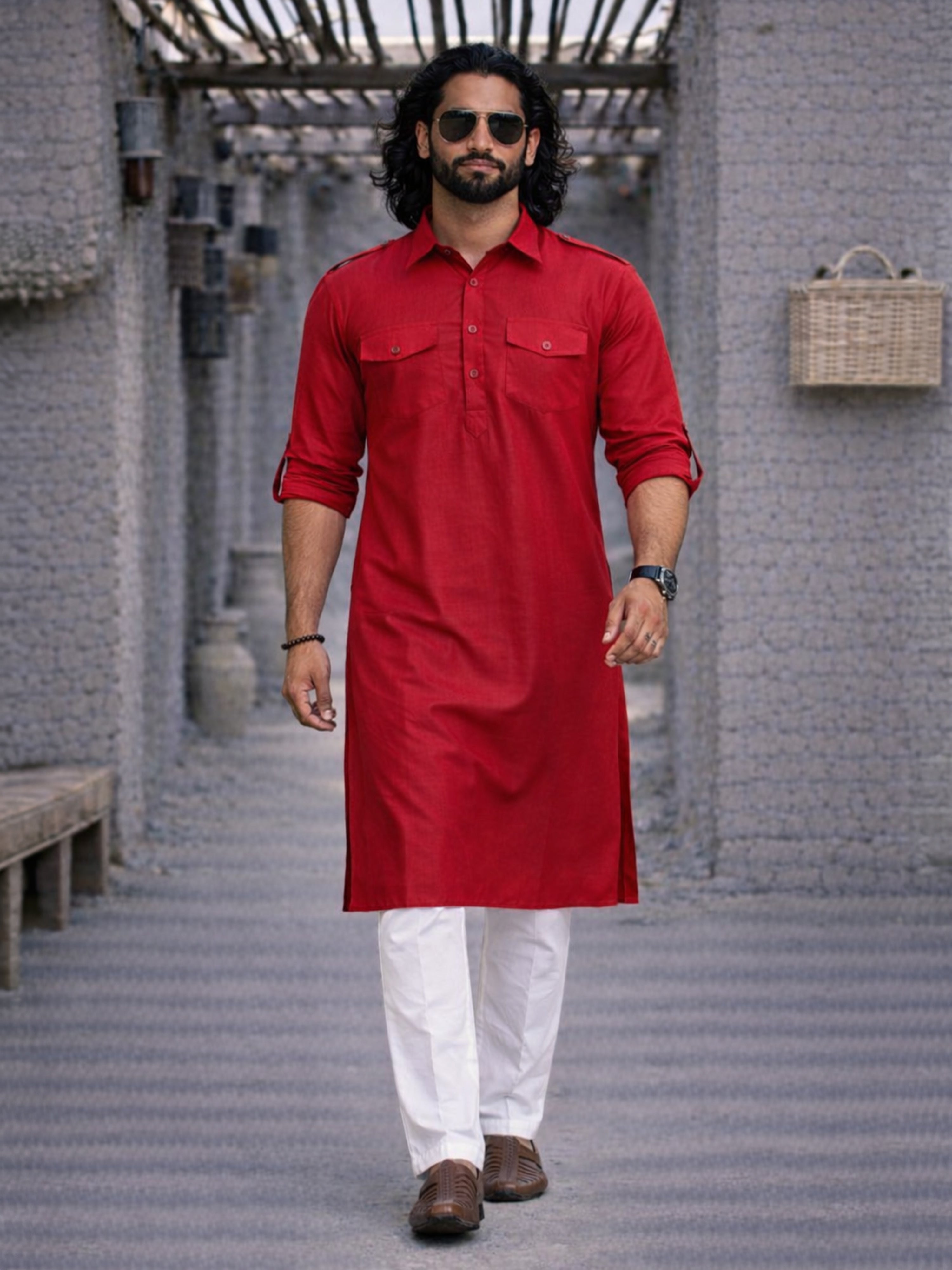 Men's Maroon Pathani Suit With White Pant Set